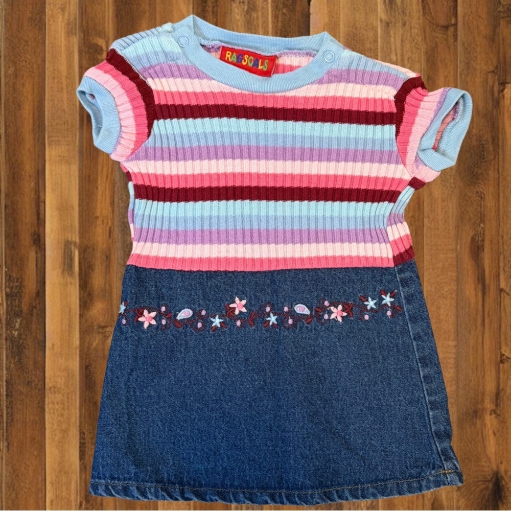 Vintage Toddler Sweater Dress 12M | Stripe Knit & Denim Embroidered Floral Dress